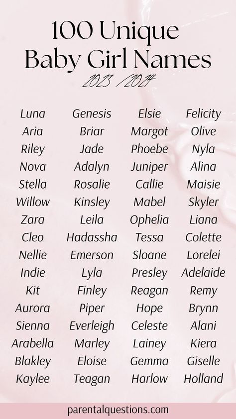 Looking for the perfect unique baby girl names for 2024 We’re sharing our list of the 100 best girl name ideas and sharing their meanings. Out list includes modern, vintage, country, and feminine girl names. Click through for the full list. Girl Names List Aesthetic, Women Names Ideas, Aesthetic Names For Girls Unique, Baby Names Unique List, Girls Name Ideas, Girl Names Ideas, 2024 Baby Names, Unique Names For Girls, Girl Name Ideas