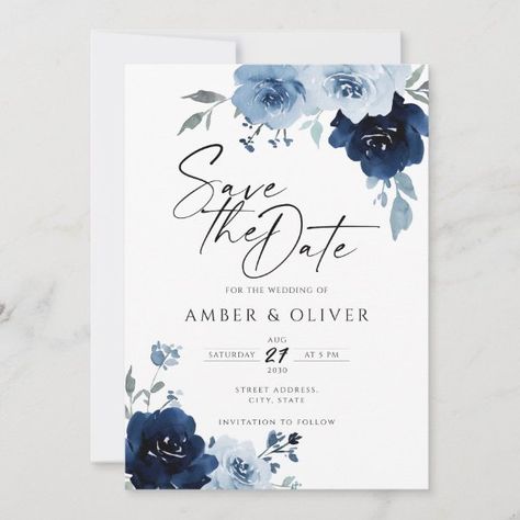 Dusty Blue Navy Light Floral Elegant Save The Date Invitation Dusty Blue And White Wedding Invitations, Navy Blue Wedding Theme Rustic, Blue And White Save The Date, Dusty Blue Save The Dates, Navy And Dusty Blue Wedding, Navy And Silver Wedding Invitations, Dark Blue Wedding Theme, Dusty Blue And Navy Wedding, Wedding Invitations Navy Blue