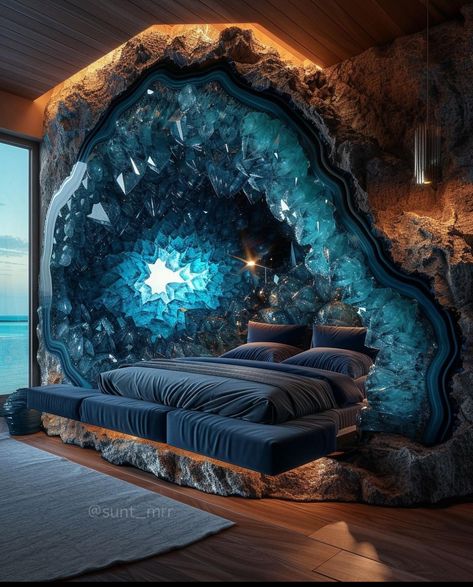 Amethyst Bedroom, Fae Bedroom, Rock Furniture, Luxury Bedroom Lighting, Royal Bedroom Design, Crystal Furniture, Amazing Bedroom Designs, Fantasy Furniture, Fantasy Rooms