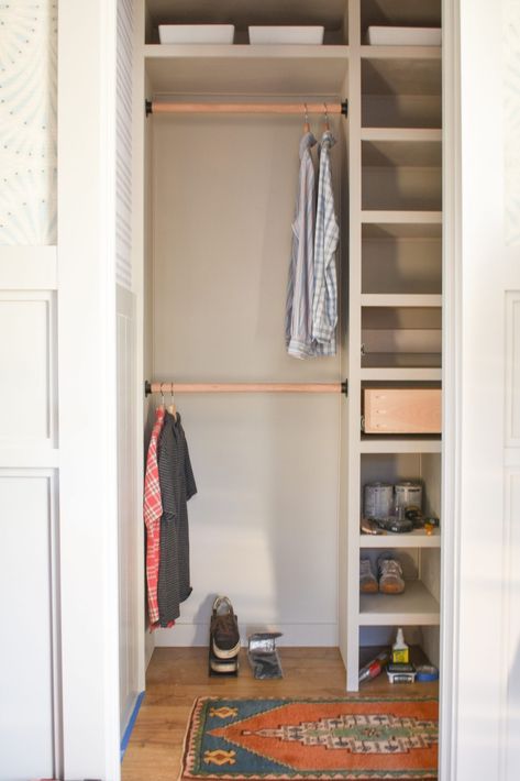 Small Closet Build Out, Small Guest Closet Ideas, Coat Closet Makeover Storage, Shallow Coat Closet, Tiny Hall Closet Organization, One Door Closet Ideas, Tiny Reach In Closet, Front Closet Storage, Closet System For Small Closet