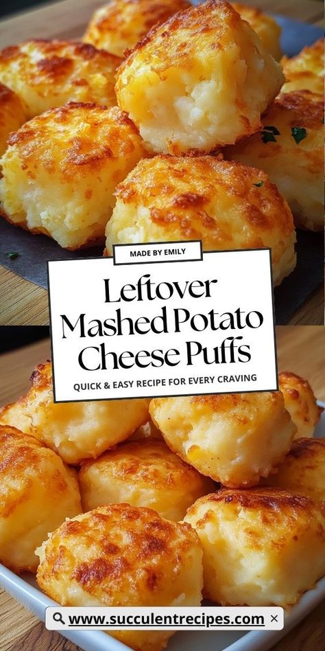 Turn leftover mashed potatoes into these cheesy, bite-sized comfort food snacks! These Leftover Mashed Potato Cheese Puffs are crispy on the outside and soft on the inside – perfect for any occasion. Potatoes Leftover Recipes, What To Make With Leftover Baked Potato, Uses For Instant Mashed Potatoes, Leftover Mashed Potato Appetizer, Quick Comfort Food Snacks, Meals Using Mashed Potatoes, Potato Pancakes From Leftover Mashed Potatoes, Recipes Made With Leftover Mashed Potatoes, Mashed Potato Biscuits