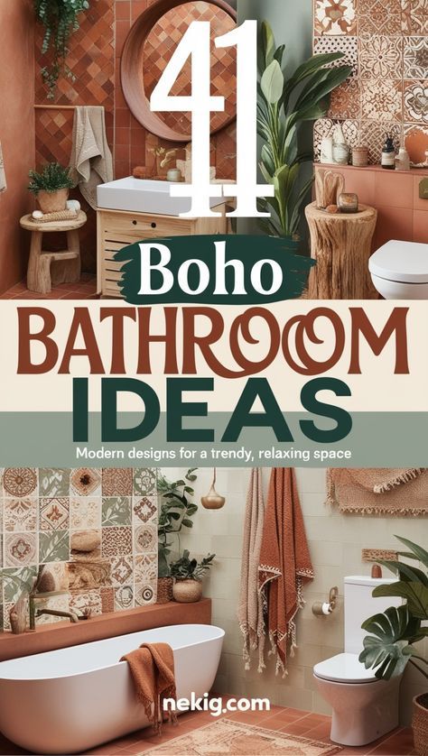 Red Boho Bathroom, Bathroom Inspiration Bohemian, Bathroom Themes Ideas, Rustic Boho Bathroom, Modern Boho Interior Design, Moroccan Style Bathroom, Wicker Bathroom, Boho Bathrooms, Boho Chic Bathroom