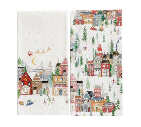 Christmas in the City Cotton Tea Towels - Set of 2 | Pottery Barn Christmas Guest Bathroom, Guest Bathroom Towels, Barn Christmas, Pottery Barn Christmas, Christmas Apartment, Christmas In The City, Entertaining Gifts, Printed Tea Towel, Christmas Kitchen Towels