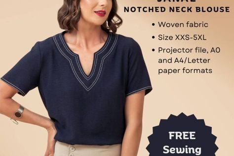 Janae notched neckline blouse – Free PDF sewing pattern Paper To Print, Fashion Over Fifty, Apple Body Shapes, Sewing Clothes Women, Apple Shape, Free Pdf Sewing Patterns, Save The Earth, Notched Neckline, Free Pdf Pattern