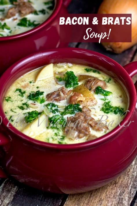 Bacon and Brats Soup is a hearty weeknight soup that warm the soul. Brats Soup Recipes, Bratwurst Recipes Crockpot, Sausage Soup Crockpot, Bratwurst Soup, Sandwiches With Bacon, Bratwurst Dinner, Creamy Bacon Pasta, Easy Fall Dinner Recipes, Potatoes Soup