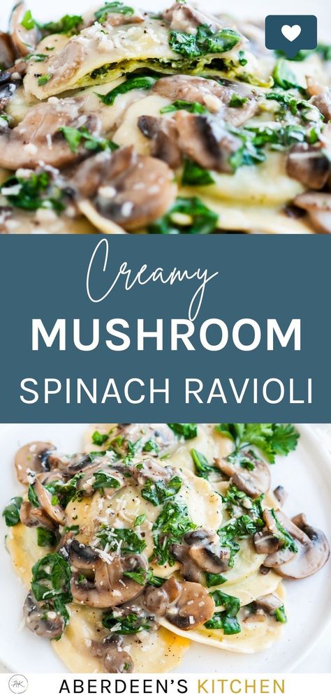 Looking for a date-night worthy pasta recipe? Make these Creamy White Wine Mushroom Spinach Ravioli - Mushrooms and fresh spinach, along with ricotta and three cheese + spinach stuffed ravioli makes for a filling, yet lighter than all-that- meal perfect for any cold fall evening. Spinach Stuffed Ravioli, Cheesy Ravioli, Stuffed Ravioli, Spinach And Cheese Ravioli, Sausage Ravioli, Spinach And Ricotta Ravioli, Shrimp Stuffed Mushrooms, Ravioli Filling, Spinach Ravioli