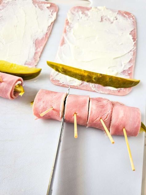 Easy to Make Ham Roll Ups are the Perfect Party Appetizer - Outnumbered 3 to 1 Easy Pickle Roll Ups, Ham And Pickle, Sausage Platter, Ham Roll Ups, Hospitality Ideas, Pickle Appetizers, Cream Cheese Roll Up, Cream Cheese Rolls, Easy Ham