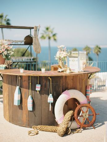 Nautical Themed Bar, Beach Bar Decoration, Beach Wedding Bar, Nautical Bar, Nautical Wedding Inspiration, Boat Bar, La Jolla Wedding, Modern Nautical, Backyard Beach