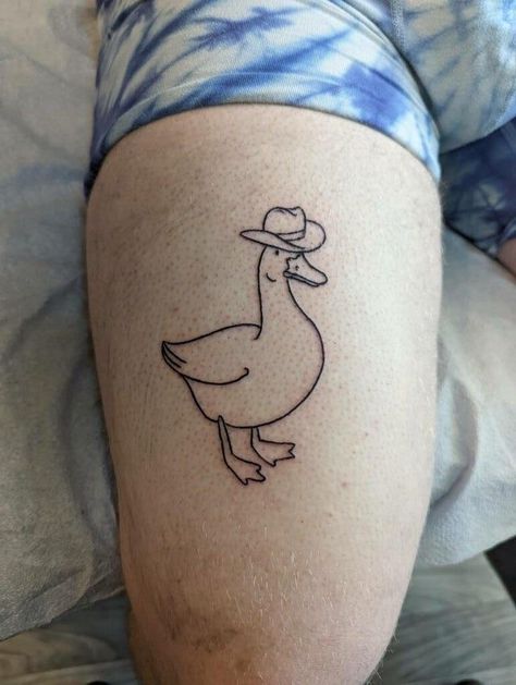 Goose With Cowboy Hat Tattoo, Duck With Hat Tattoo, Duck Cowboy Tattoo, Funny Chicken Tattoo, Funny Animal Tattoos Simple, Cool Duck Tattoo, Duck Flash Tattoo, Goose Bumps Tattoo, Chicken And Duck Tattoo