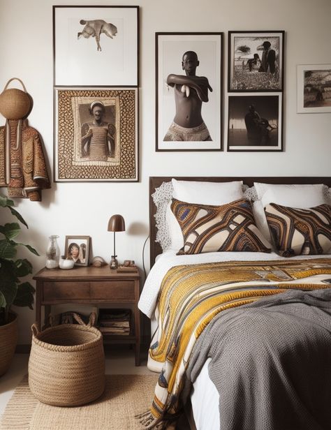 DreamShaper v7 A gallery of African photos on a bedroom wall 1 Africa Bedroom Ideas, Africa Bedroom, African Bedroom, African Interior Design, African Interior, Contemporary Bedroom, Nairobi, Design Ad, Bedroom Wall