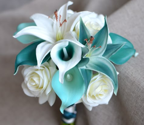 Thank you so much! Keep the confidence and we will tide over the difficulties together! ------------------------------------------------------------------------------ ------------------------------------- **This list is a wedding package including: - The cascade bridal bouquet, with real touch teal Picasso and teal calla lilies, ADD some turquoise calla lilies, ivory white roses, and teal lilies, white lilies. -USD118 - 1 small bouquets, same flowers with the bridal bouquet, 6inch, USD32. Ribbon Teal Wedding Bouquet, Wedding Flowes, Teal Bouquet, Turquoise Bouquet, Small Bridal Bouquets, Lily Bridal Bouquet, Silver Wedding Decorations, White Flower Bouquet, Cascading Bridal Bouquets