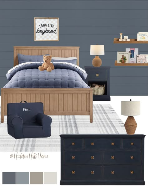 Tilly Upholstered Bed curated on LTK Bedroom With Navy Blue Accent Wall, Boys Room Wainscoting, Black And Blue Boys Room, Navy Furniture Bedroom, Navy Blue Toddler Boy Room, Blue Little Boys Room, Blue Boys Rooms, Toddler Boy Accent Wall, Boy Rooms Toddler