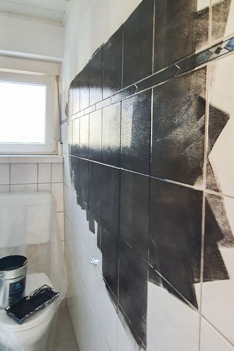 Paint For Bathroom Tiles, Paint Bathroom Tile Black, Black White Kitchen Floor Tiles, Bathroom Wall Tile Paint, Painting Tile Walls, How To Redo Bathroom, Painting Wall Tiles Bathroom, Black Tile Paint Bathroom, Painting Tile Bathroom Wall