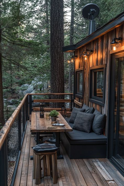 Alpine Tiny House Deck. Fold-down railings with telescope mount.  Perfectly nestled in nature's heart, are gorgeously designed mountain-view porches you need to see! In this article, we reveal 46 spectacularly designed porches that invite you to sit back, sip warm coffee and enjoy the uninterrupted panorama of towering peaks under the open sky. Whether you dream of a rustic…  Read more: https://tastyinteriors.com/generated-post-46-mountain-view-porch-design-ideas/ Mountain Deck Ideas Outdoor Living, Outdoor Cabin Furniture, Mountain Deck Ideas, Cabin Deck Railing Ideas, Cabin Front Porch Ideas, Mobile Home Decks And Porches, Deck Off Bedroom, Cabin Deck Ideas, Cabin Porch Ideas