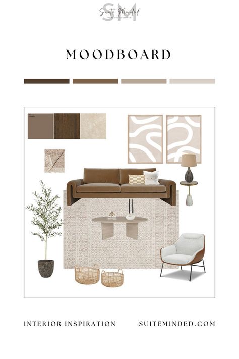 Earthy living room moodboard in shades of brown and beige. The layers of textures and colours create a comfy, cosy and relaxing look. Living Room Moodboard, Room Moodboard, Earthy Living Room, Brown And Beige, Shades Of Brown, Contemporary Living Room, Interior Inspiration, E Design, Mood Boards