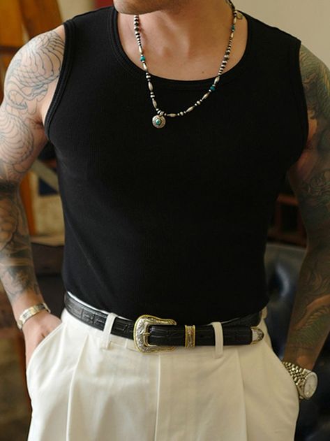 Black Tank Tops Outfit, Black Vest Outfit, White Tank Top Outfit, Vest Outfits Men, Tank Outfit, Sleeveless Outfit, Tank Top Outfits, Mens Outfit Inspiration, Cool Outfits For Men