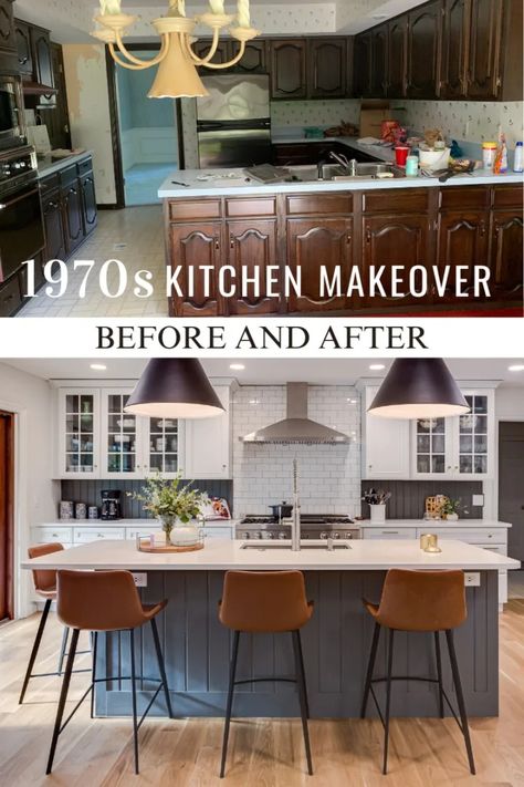 Stunning 1970s Kitchen Makeover | Before and After - Building Bluebird Remodel 70s Kitchen, 1980s Home Remodel Before After, 1970 Kitchen Remodel Before After, Remodeled Kitchens Before And After, 1980s Home Remodel, Kitchen Before And After, 70s Kitchen Makeover, 1980 Kitchen, 1970s Home Remodel