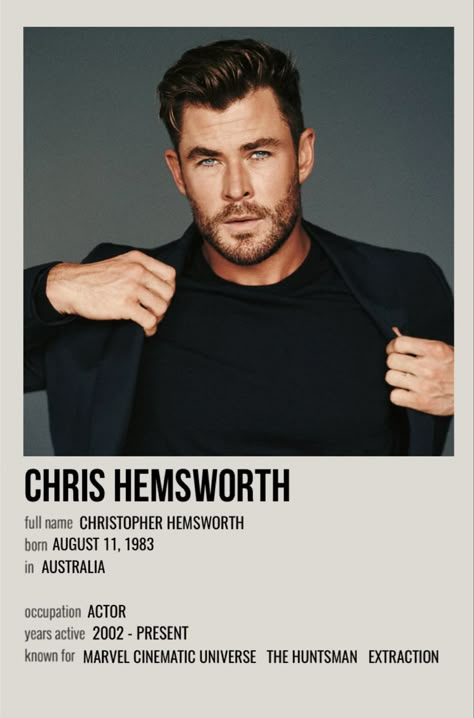 minimal polaroid celeb poster for chris hemsworth Celebrity Polaroid Poster, Minimal Polaroid Celeb Poster, Actors Poster, Minimalist Film Posters, Chris Hemsworth Movies, Hemsworth Chris, Christopher Hemsworth, Movie Character Posters, Hemsworth Brothers