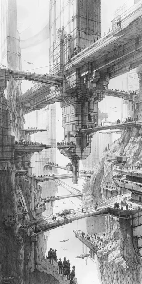 Full Color Image in ai-img-gen.com 🔸 A pencil sketch depicting a futuristic city built upon cliffs and bridges, with towering structures ... 🔸 From Midjourney AI Image City Pencil Sketch, Future Architecture, World Of Darkness, Futuristic City, Urban Life, A Bridge, A Pencil, Pencil Sketch, Walkway