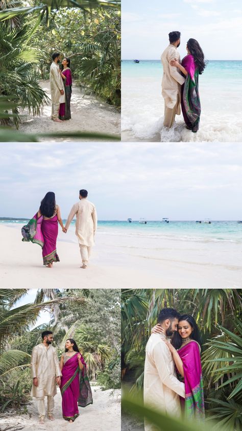 Romantic couple beach photoshoot in Tulum, Riviera Maya Mexico, couple photoshoot pose ideas, couple beach photoshoot inspo, traditional dress photo inspo, direct light photo ideas, beach photoshoot spots Tulum, couple photographer, vowel renewal photographer, elopement photographer, sari dress, destination wedding photographer, love photoshoot inspo, engagement photoshoot inspo, couple photoshoot outfit inspos, honeymoon photoshoot ideas, best couple poses, lifestyle photographer, Indian couple Saree Couple Photoshoot Beach, Beach Outfit Couple Photo Ideas, Pre Wedding Photoshoot Outfit Ideas, Pre Wedding Poses Indian Beach, Romantic Poses Couple Photos, Saree Couple Photoshoot, Traditional Couple Photoshoot, Tulum Couple, Pre Wedding Photoshoot Beach