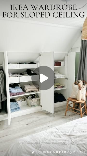 Closet Under Sloped Ceiling, Ikea Slanted Ceiling Closet, Ikea Attic Storage, Eves Storage Ideas, Sloped Ceiling Closet Ideas, Eaves Storage Ideas Angled Ceilings, Built In Wardrobe Ideas Sloped Ceiling, Attic Room Ideas Slanted Walls Bedroom, Attic Loft Bedroom Ideas Sloped Ceiling