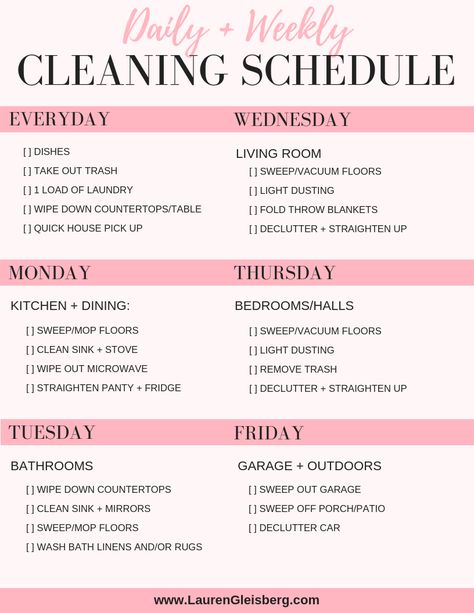 DAILY HOUSE CLEANING SCHEDULE + CHECKLIST - Lauren Gleisberg Cleaning Chore Chart For Adults, Sahm Chore Schedule, Daily Checklist For Adults, Best Daily Schedule For Adults, Simple Daily Cleaning Schedule, Daily House Chores List For Adults, Weekly Chore Chart For Adults Cleaning Schedules, Weekly Chore Charts For Adults, Simple Weekly Cleaning Schedule