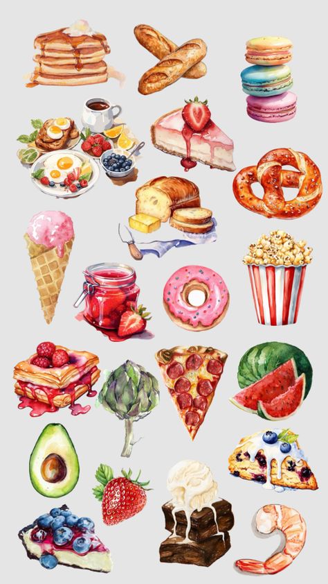 #food #watercolour #watercolor #wallpaper Food Collage Aesthetic, Food Collage, Evolution Art, Food Art Painting, Watercolor Food, Food Painting, Scrapbook Stickers Printable, Painting Collage, Food Stickers