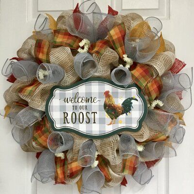 Full! New! Premium! Handmade deco mesh farmhouse welcomes wreath. An adorable sign with the wording “Welcome To Our Roost” rests on a bed of soft white and burlap plaid deco mesh. The sign is decorated with a colorful rooster. The inner ring has colorful plaid ribbons and light gray mesh flutes. The outer ring has the same gray flutes along with red and yellow burlap. | The Holiday Aisle® Welcome to Our Roost 24" Deco Mesh Wreath Burlap/Deco Mesh in Brown / Gray, Size 24.0 H x 24.0 W x 6.0 D in Couronne Diy, Summer Deco Mesh Wreaths, Colorful Rooster, Fall Deco Mesh Wreath, Deco Mesh Wreaths Tutorials, Silk Wreaths, Fall Deco Mesh, Deco Mesh Wreaths Diy, Everyday Wreaths