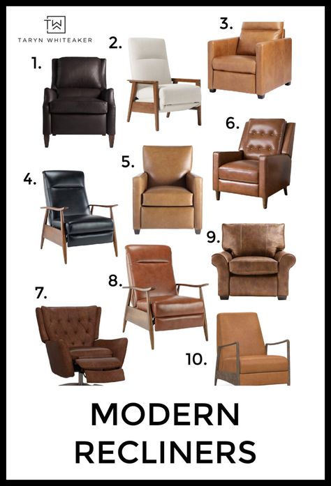 Modern Recliners - Taryn Whiteaker Enchanted Living Room, Living Room With Recliners Ideas, Navy Gold Living Room, Eclectic Living Room Vintage, Leather Recliner Living Room, Accent Recliner, Mid Century Recliner, Mid Century Modern Recliner, Best Recliner Chair