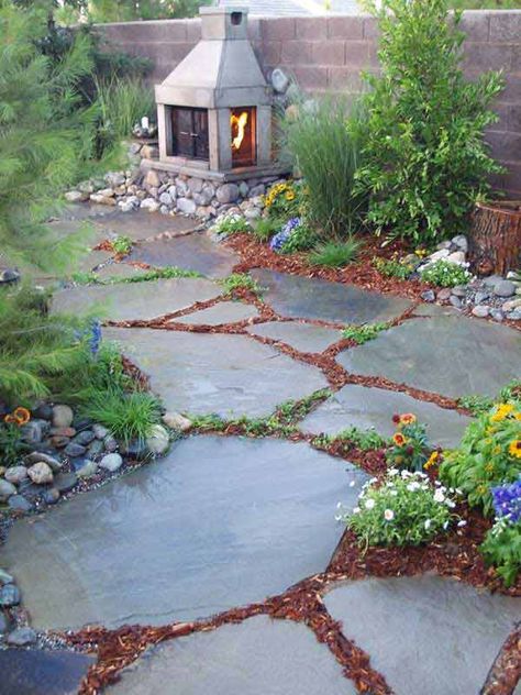 Yard Crashers, Concrete Patios, Stone Patio, Stone Walkway, Garden Walkway, Fire Pit Designs, Stone Path, Backyard Fire, Charming Garden