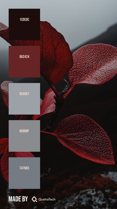 Colors:
1C0C0C
662424
9CA0A7
8A8B8F
747B83 Red And Silver Color Palette, Muted Red Color Palette, Red And Grey Color Palette, Red And Gray Aesthetic, Wine Colour Palette, Crimson Color Palette, Gym Paint Colors, Deep Red Color Palette, Red And Black Color Palette