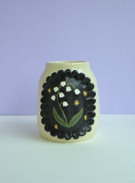 White Ceramic Vase With Lily of the Valley Design Handmade - Etsy Pottery Painting Designs Vase, Pottery Barn Lily Of The Valley, Lily Of The Valley Pottery, Lily Of The Valley Design, Lily Of The Valley Ceramic, Ceramic Flower Vase Handmade, Lily Of The Valley Glassware, Ceramic Purse Vase, White Ceramic Vase