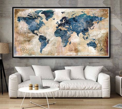 World Map Pin Board Travel Wall Art, Push Pin Travel Map, Pin Travel Map, Navy Blue Decor, World Map Travel, Detailed World Map, Navy Blue Wall Art, World Map Decor, Navy Blue Walls