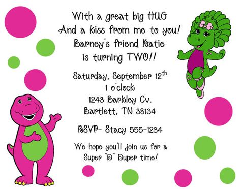 Barney 2nd Birthday Party, Barney The Dinosaur Birthday Party, Barney Themed Birthday Party, Barney Party Ideas, Barney Birthday Party, Barney Party, Barney Birthday, Mickey Mouse Invitations, 2nd Bday Ideas