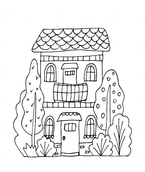 Hand Drawn Doodles Cartoon House in the Village. Black and White Cute Bulding Line Art Vector Illustration Stock Vector - Illustration of european, forest: 181831783 European Forest, Sketch Cloud, Doodles Cartoon, Circle Doodles, Arrow Doodle, House Doodle, Hand Drawn Doodles, Black Background Design, Art Vector Illustration