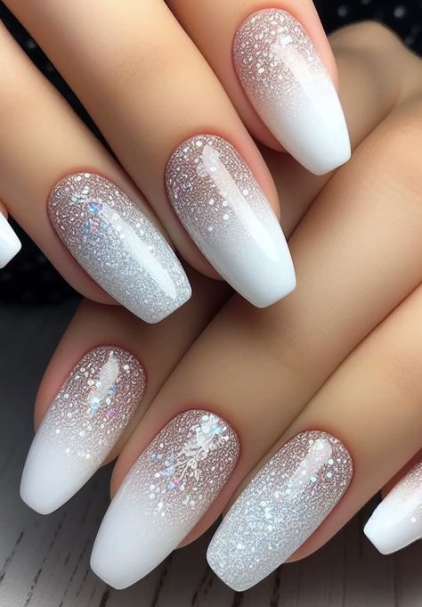 Ivory Sparkle Nails, Wedding Nails Bridesmaid Acrylic Almond, Short Coffin Wedding Nails, Nails For A White Dress, Clear Nails With White Design, White Nails With Designs Glitter, Nails For Bride Wedding Day, White Nails For Wedding, White Gel Nail Designs