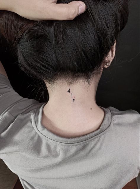 Faith Semi Colon, Semi Colon Bird Tattoo, Cross And Bird Tattoo, Cross And Semi Colon Tattoos For Women, Cross And Semicolon Tattoo, Cross Semicolon Tattoo, Cross With Birds Tattoo, Semi-colon Tattoo Behind The Ear, Semi Colon Cross Tattoo Ideas