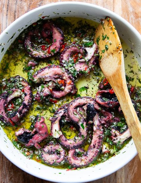 Grilled Octopus • Easy Octopus Recipe {Video} • Two Purple Figs Marinated Octopus Recipe, Greek Grilled Octopus, Best Octopus Recipes, Canned Octopus Recipes, Grilled Octopus Salad, Grilled Octopus Recipe Greek, Baked Octopus Recipes, Cooked Octopus Recipe, Octopus Marinade Recipe