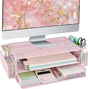 Computer Desk Organization, Computer Monitor Stand, Work Desk Decor, Office Supplies Desk Accessories, Cute Office Supplies, Workspace Desk, Ventilation Design, Pink Office, Desk Essentials