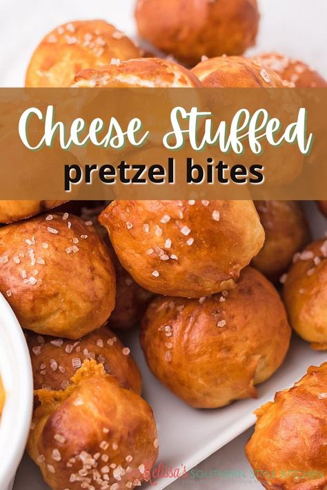 These homemade Cheese Stuffed Pretzel Bites are the kind of handheld snack that will take you from family movie night to casual gatherings. Kids love them making them a fun family project to make together. Handheld Snacks, Stuffed Pretzel Bites, Food Platters Party, Church Snacks, Melissas Southern Style Kitchen, Appetizers Game Day, Party Food For A Crowd, Homemade Baked Bread, Finger Food Recipes