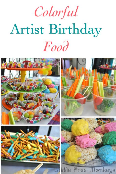 colorful Artist Birthday Party food - Little Free Monkeys Food For Art Party, Art Party Snack Ideas, Art Birthday Party Snacks, Craft Party Food Ideas, Artist Birthday Party Food, Paint Party Snacks Food Ideas, Art Birthday Party Food Ideas, Painting Party Snacks, Colorful Party Food