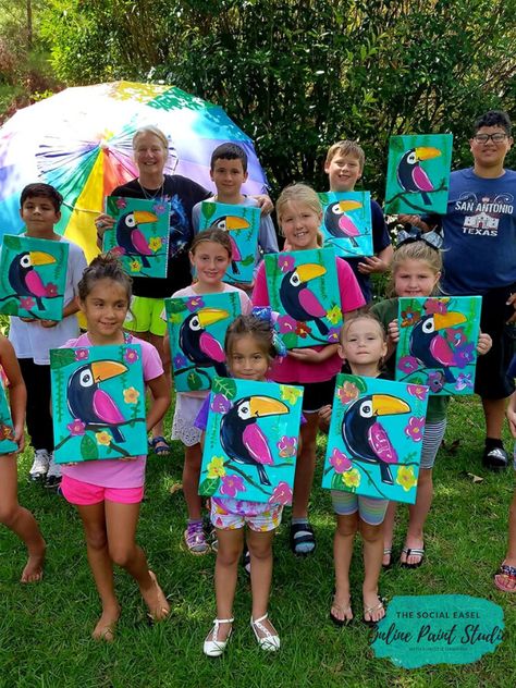 Canvas Painting Class Ideas, Directed Painting For Kids, Kindergarten Painting Projects, Kids Paint Night Ideas, Toucan Art For Kids, Guided Painting For Kids, Summer Painting For Kids, Paint Night For Kids, Canvas Painting Ideas Kids