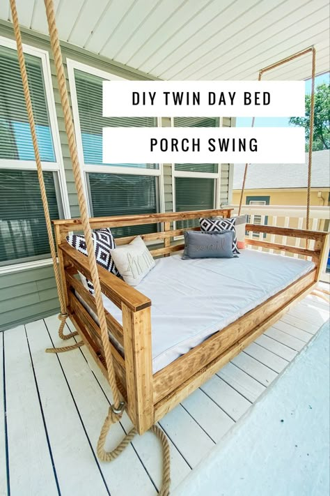 How to blog post for twin sized day bed swing Twin Mattress Couch Diy Patio, Day Bed Porch, Bed Porch Swing, Diy Porch Swing Bed, Dream Backyards, Bed Swings, Porch Swing Plans, Hanging Daybed, Southern Style Home