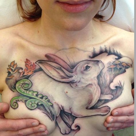 Paradise Tattoo Gathering : Tattoos : Shawn Hebrank : Bunny Chest Piece Tattoo On Chest, Scene Tattoo, Rabbit Tattoo, Paradise Tattoo, Rabbit Tattoos, Temple Art, E Tattoo, Chest Piece, American Traditional Tattoo