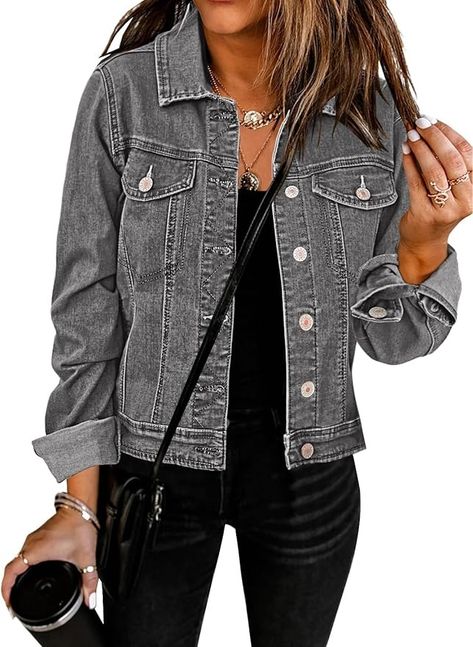 GRAPENT Women's Jean Trucker Coat Casual Basic Button Down Long Sleeve Stretchy Denim Jacket with Pockets Color Gray Size Medium Size 8 Size 10 at Amazon Women's Coats Shop Gray Jean Jacket Outfit, Gray Jean Jacket, Grey Jean Jacket, Black Pants Outfit, Jean Jacket Outfits, Jacket With Pockets, Pants Outfits, Stretchy Jeans, Womens Basic