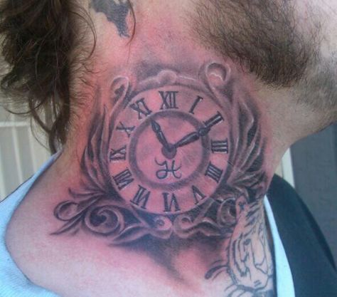 Clock neck Tattoo by Jason Begay Clock Neck Tattoo, Clock And Rose Tattoo, Tattoo On Neck, Pocket Watch Tattoos, Girl Neck Tattoos, Waist Tattoos, Inner Forearm Tattoo, Money Tattoo, Clock Tattoo Design