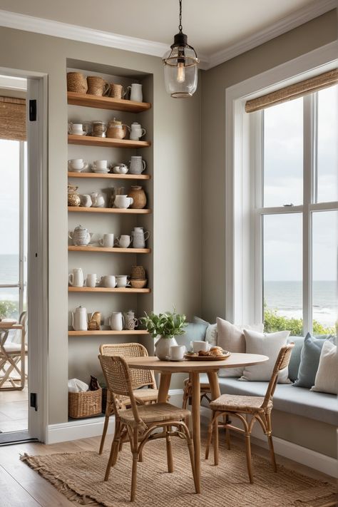 Cozy nook with a small round table, rattan chairs, and built-in shelves displaying ceramic tableware, overlooking a beach view. Open Shelving Breakfast Nook, Beachy Coffee Bar, Breakfast Nooks Ideas Corner, Coastal Breakfast Nook, Coastal Breakfast, Coffee Nook Ideas, Coffee Nooks, Corner Breakfast Nook, Nook Inspiration