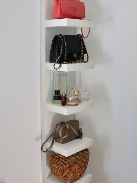 Using a simple Ikea Lack unit and hanging it vertically on the wall makes for a great way to store and display favorite or frequently used handbags. Floating Shelves For Purses, Purse Organization Wall Shelf, Purse Room Ideas, Floating Shelves Purse Display, Shelf For Purses Handbag Storage, How To Display Purses In Bedroom, Handbag Display Ideas Bedrooms, Handbag Display Bedroom, Bedroom Handbag Display