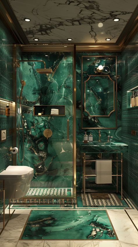 Art Deco bathroom design - Remodr Art Deco Bathroom Design, Emerald And Gold Bathroom, Art Deco Restroom, Blue Bathroom Art Deco, Miami Art Deco Bathroom, Art Deco Apartment Decor, Art Feco Bathroom, Emerald Bathroom, Art Deco Basement