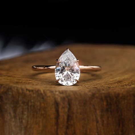 Pear Cut Rose Gold Engagement Ring | Hidden Halo Rose Gold Pave Setting | Elegant Prong Ring Valentine Gift | Round Ring With Pear Diamond by DARKPHLOX on Etsy Traditional Diamond, Pear Engagement Ring, Stunning Engagement Ring, Moissanite Jewelry, White Solid, Round Rings, Pear Shaped Diamond, Pear Diamond, Diamond Solitaire Rings